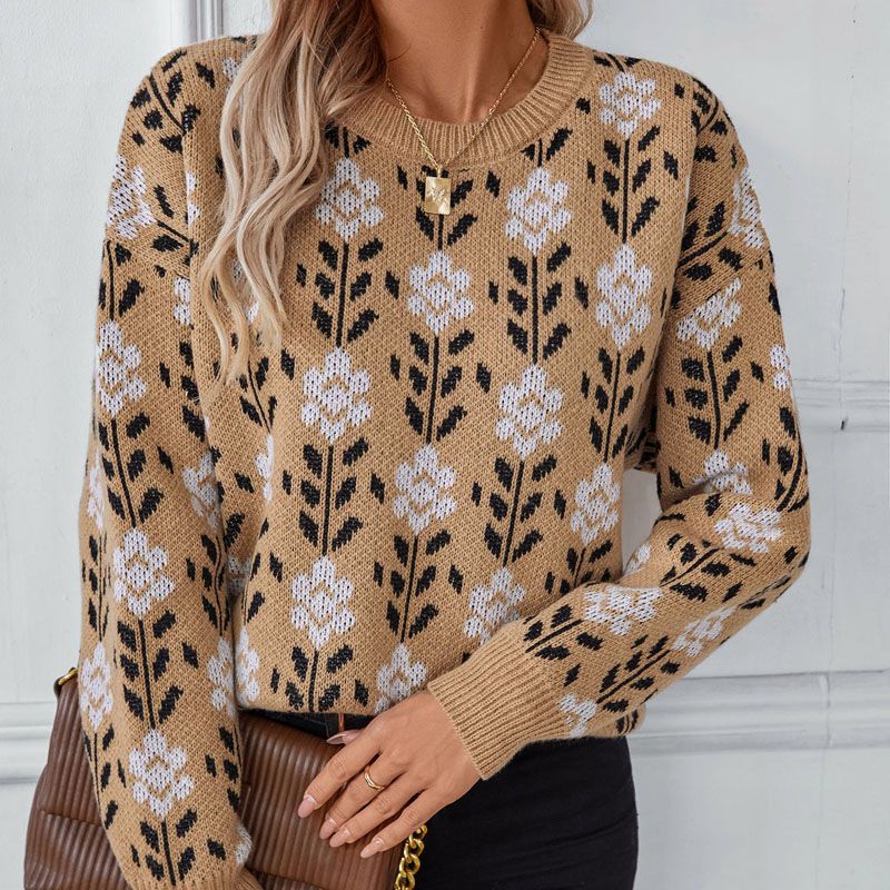 Kwiat Jacquard Crew Neck Knitover Knit Sweter